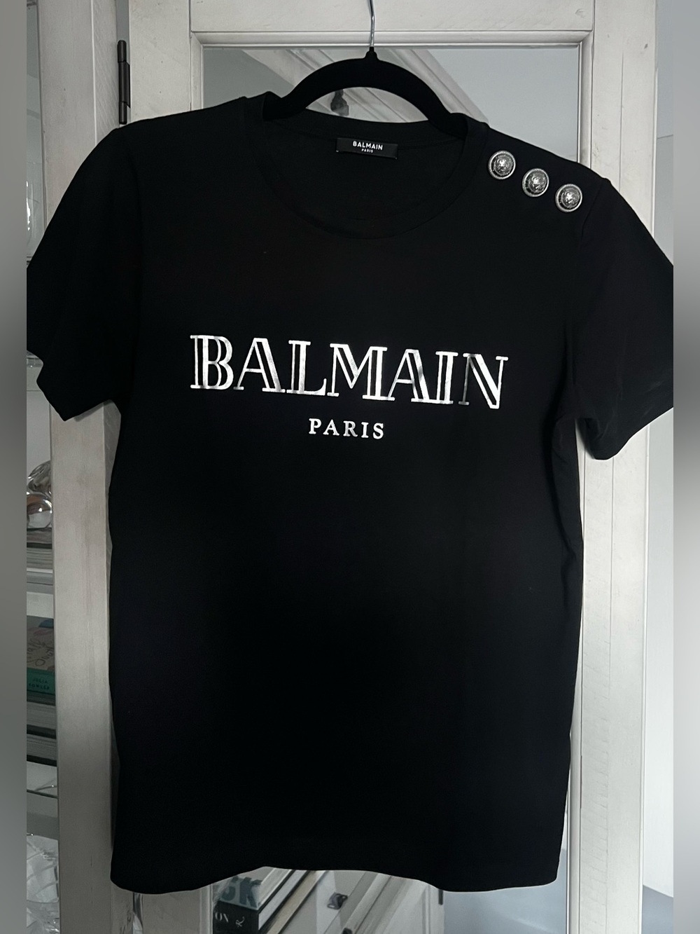 Balmain Black Tee with Silver Buttons